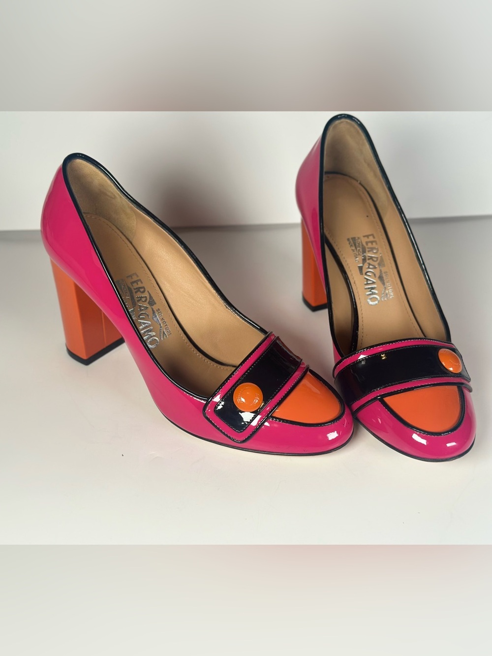 Salvatore Ferragamo Pink and Orange Patent Leather Block Heel Pumps - Picture 3 of 9